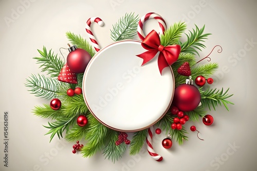 Festive christmas circular frame with ornaments and candy canes
