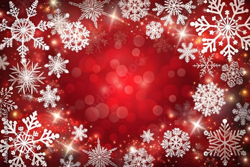 Red christmas background with white snowflakes and sparkling lights