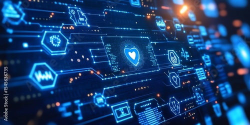 Abstract digital healthcare network.  Data flows, icons, and a heart symbol represent innovation in medical technology.