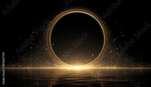 Glowing golden ring, reflecting on dark water, surrounded by shimmering dust particles, creating a luxurious, elegant, and mysterious atmosphere