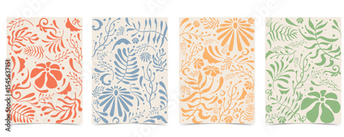 Retro flower and leaves frame background in wavy line style for vertical A4 design