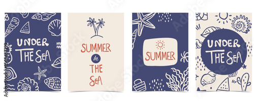 cute doodle summer background with shell,coral,tree for vertical A4 design