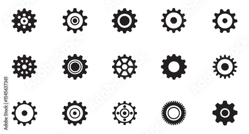 A set of various gear icons in a simple, black and white design, Collection of Black and White Gear Icons vector art on white