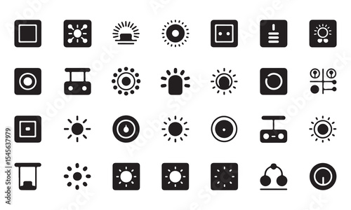 Set of Black and White Simple Flat Icons Representing Power and Brightness Settings, A collection of simple, black silhouette icons representing various power and brightness settings vector art