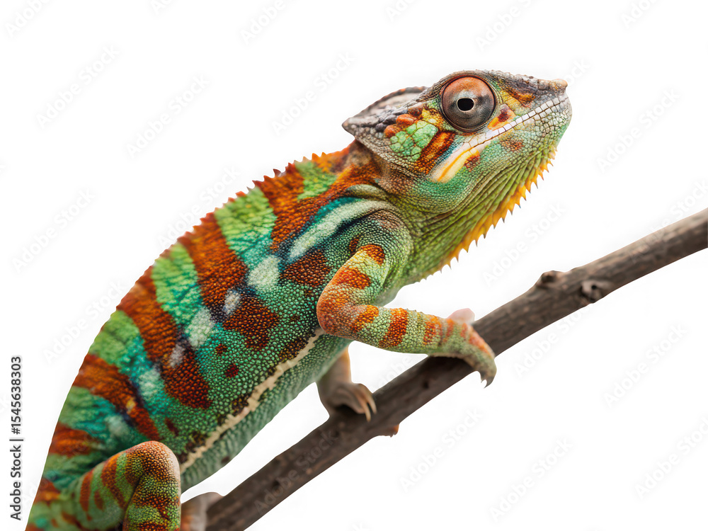 Obraz premium Vibrant Panther Chameleon perched on a branch, exotic reptile, close-up view, tropical wildlife, detailed texture, vivid colors, reptile photography, nature