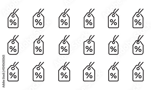 Seamless Pattern of Discount Price Tags, A repeating pattern of simple, black outline discount price tags with a percentage symbol vector art on white