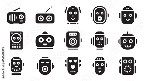 Collection of Cute Robot and Retro Technology Icons, A set of black and white, flat icons depicting various robots with different expressions and retro-styled electronics like radios and remote