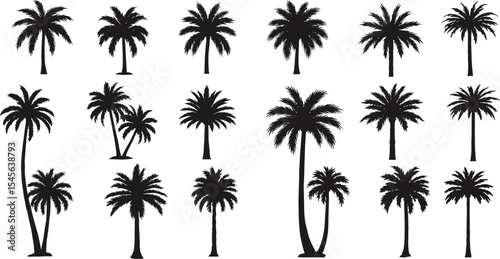 Silhouette collection of tropical palm trees, various coconut tree designs, black palm tree icons isolated on white background, perfect for summer, beach, travel, and tropical themes
