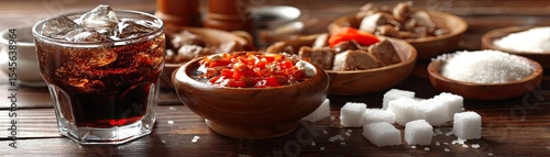 Processed meals contain greasy calories and salty soda taste concept. An assortment of spices and beverages on a rustic wooden table.
