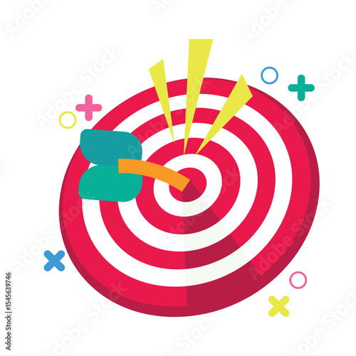 Flat vector illustration of a colorful target icon in cute style with arrow hitting center. Great for symbolizing goals, success, focus, or strategy in modern UI, business, or infographic elements.