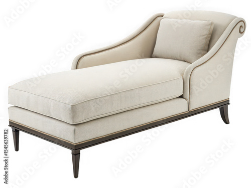Elegant off-white chaise lounge with dark brown wooden legs and trim, isolated on black background