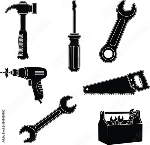  icon pack of tools hammer, screwdriver, spanner, drill, saw, wrench,.
