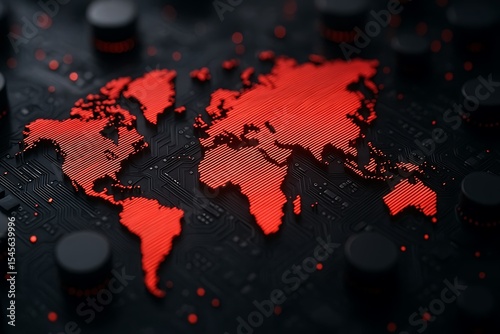 Red Illuminated World Map on Dark Circuit Board