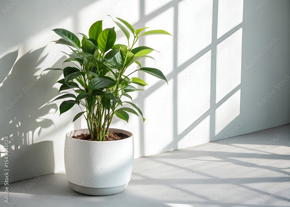 Fototapeta premium Minimalist houseplant in modern white pot with soft shadow and transparent background, ideal isolated element for interior decor, mockups, digital design, or home layout visualizations 