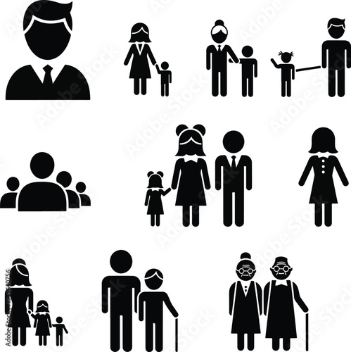 Basic family and people figures man, woman, child, group, couple, elderly in clean minimal black icon style..