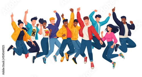 Diverse people jumping with joyful expressions

