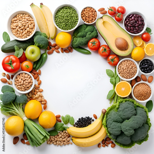 Portfolio Diet, balanced lowering cholesterol vegan food, including nuts, vegetable protein, plant sterols, viscous fiber, beans, legumes, fresh vegetables and fruits on white background copy space
