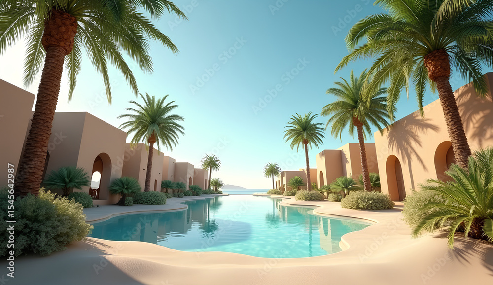 Fototapeta premium Luxury swimming pool with palm trees and resort view