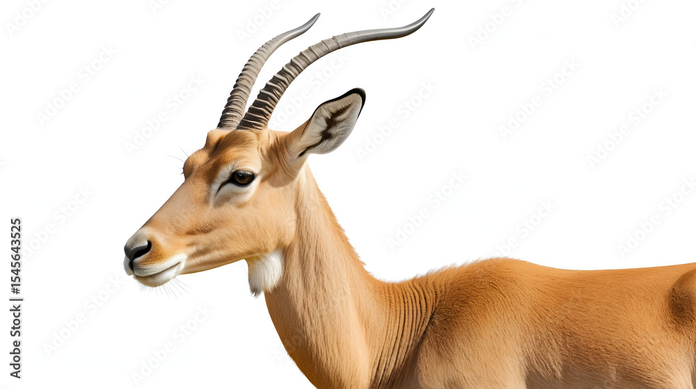 Naklejka premium A realistic portrait of a saiga antelope standing in side view, isolated on a white background. A distinctive, well-proportioned saiga with a light brown or greyish coat, a bulbous nose, slender curve