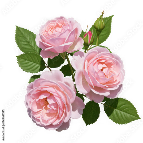 Fototapeta Naklejka Na Ścianę i Meble -  Three pink roses with buds and leaves isolated on transparent background