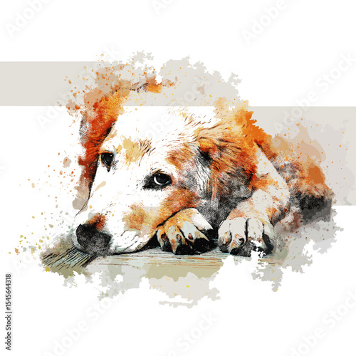 Watercolor Style Golden Retriever Puppy Lying Down with Splash Effects