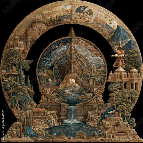 Intricate Circular Landscape With Castles, Mountains, and Waterfall