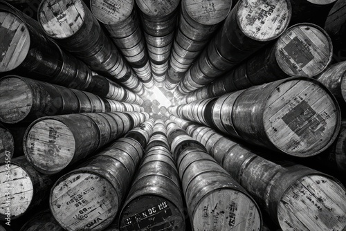 Monochrome perspective shot of numerous aged wooden barrels stacked, converging towards a bright light source