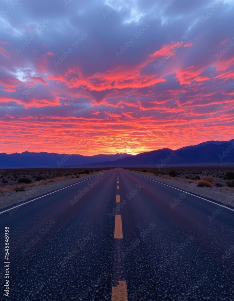 Fototapeta premium Stunning sunset over open road desert landscape photography natural environment wide angle view travel inspiration