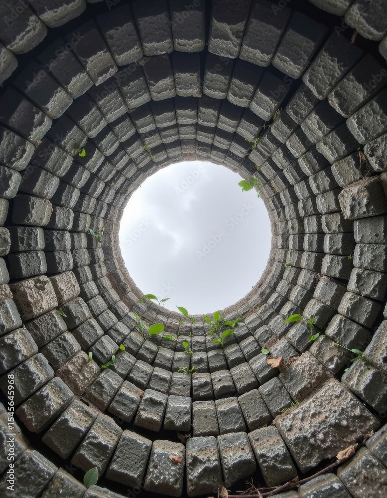 Exploring an abandoned well urban landscape photography circular brick structure overhead view depth of nature's resilience Exploring an abandoned well urban landscape photography circular brick structure overhead view depth of nature's resilience