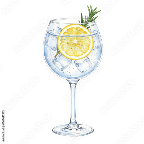 Watercolor gin and tonic cocktail illustration isolated on transparent background
