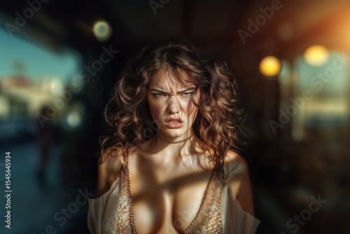 Fierce Woman Posing in Dramatic Lighting with Intense Expression