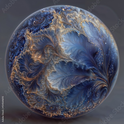Abstract Blue Fractal Sphere with Gold Glitter Details on Dark Background