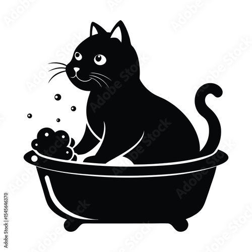 Baby cartoon cat washing in a blue bathtub with soap bubbles, a fun illustration of hygiene and clean water