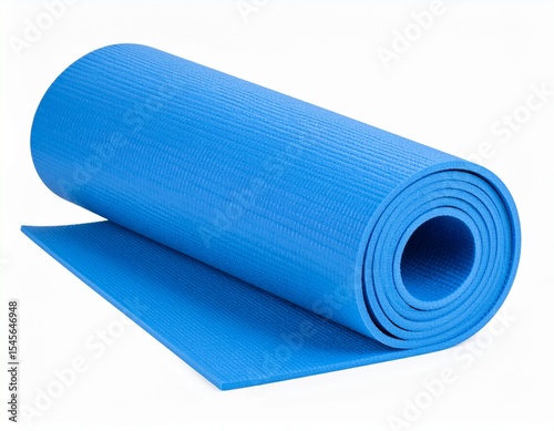 A blue exercise mat is partially rolled up providing a surface for floor exercise.