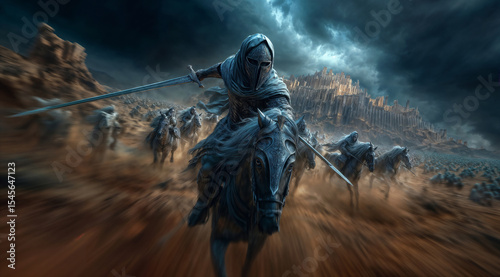 Epic Scene of Dark Cavalry Charging Towards Fortress Under Stormy Skies