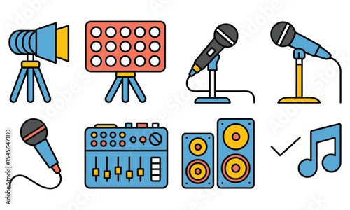 Audio Mixer, Boom Mic, Light Stand and More Vector Icons

