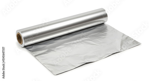 光輝くアルミホイル ロール きらめく金属光沢 背景白. AI Generated