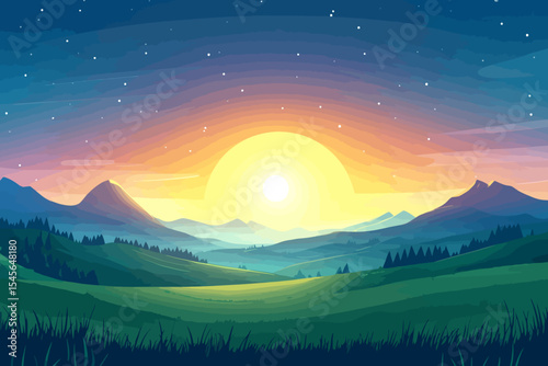 sunset in hill landscape illustration 
