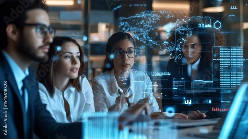Futuristic collaboration diverse team analyzing holographic data projections