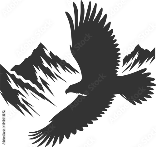 Mountain peak with eagle bird vector drawing silhouette