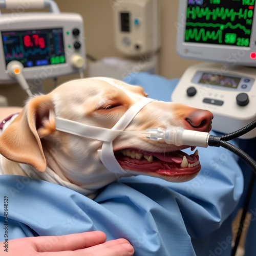 An intubated dog is connected to vital signs monitors. Anesthetized dog in surgery. Endotracheal intubation