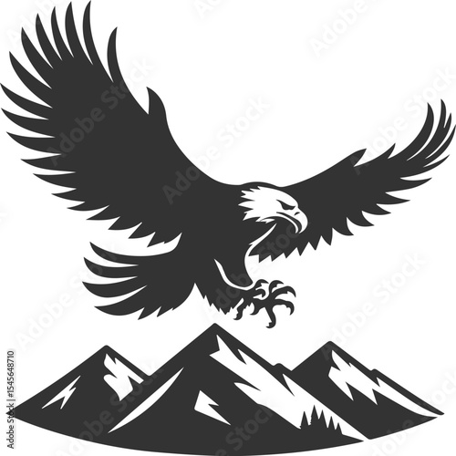 Mountain peak with eagle bird vector drawing silhouette