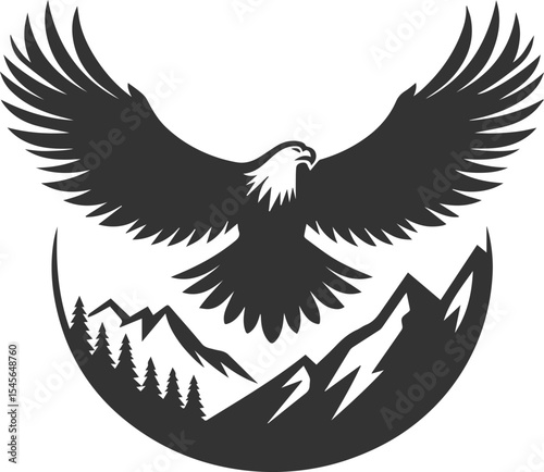 Mountain peak with eagle bird vector drawing silhouette
