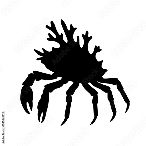 Silhouette of a Decorator Crab with Distinctive Branching Appendages on White Background