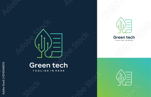Green tech logo design template. leaf symbol, icon, web,  molecule with digital data technology design graphic vector illustration