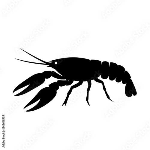 Black Crayfish Silhouette with Detailed Claws on White Background