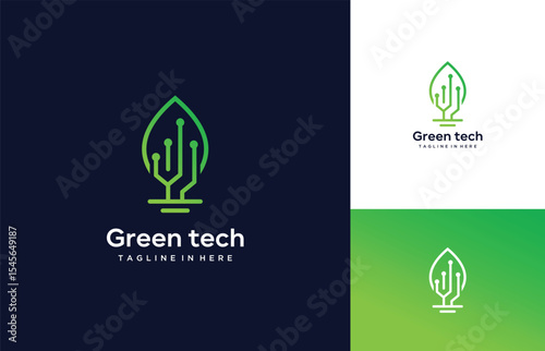 Green tech logo design template. leaf with digital data technology design graphic inspiration vector illustration.