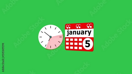 January month 5 date calendar icon  and  black color clock animation. Digital calendar month concept design on deep green background.