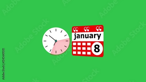 January month 8 date calendar icon  and  black color clock animation. Digital calendar month concept design on deep green background.