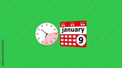 January month 9 date calendar icon  and  black color clock animation. Digital calendar month concept design on deep green background.